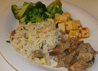 Ma po tofu, crystal pork, fried rice, and stir-fried broccoli.