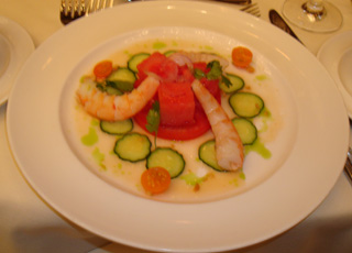 Hiro Sone's umami-rich ginger-poached shrimp and watermelon salad with lemongrass vinaigrette made with a touch of Asian fish sauce