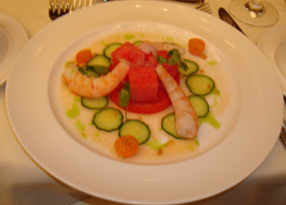 Hiro Sone's umami-rich ginger-poached shrimp and watermelon salad with lemongrass vinaigrette made with a touch of Asian fish sauce