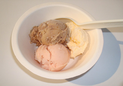 (clockwise from top) Black Mission fig, apricot yogurt, and apple sorbetto from the ice cream pavilion.
