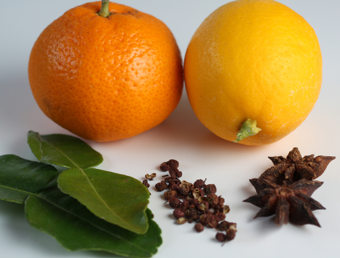 Some of the ingredients for the cocktail above: (back row, left to right) satsuma mandarin and Meyer lemon; (front, left to right) Kaffir lime leaves, Szechuan peppercorns, and star anise.