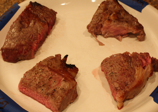 Four rib-eyes cooked the same way, just before being tasted blind. Four rib-eyes cooked the same way, just before being tasted blind.