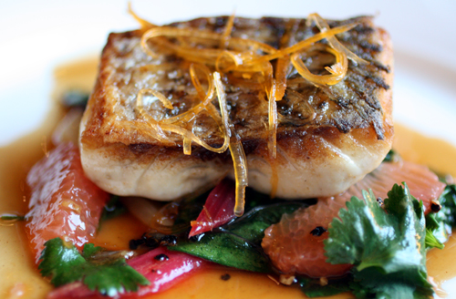 Roasted striped bass with swiss chard, grapefruit, and balsamic.