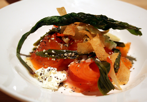 Sea trout with pickled ramps and goat cheese.