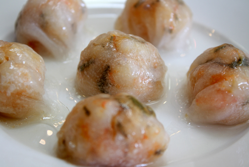Dumplings made with wild shrimp, organic flour, and organic jasmine tea leaves.