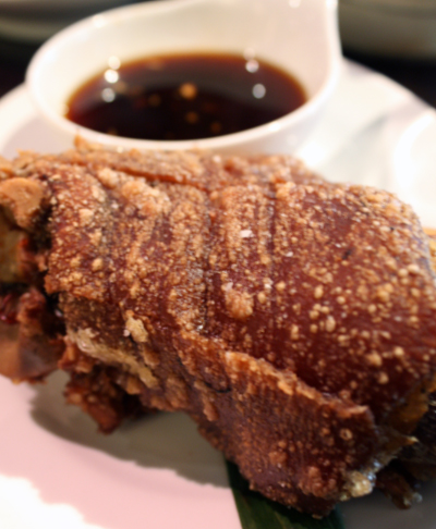 Crackling crispy pata (pork knuckle braised for 24 hours, chilled, roasted, then fried)