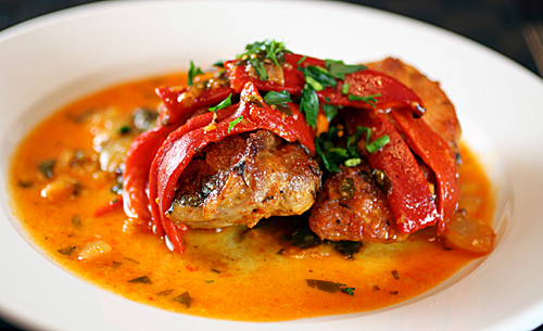 Tender, juicy chicken thighs baked with saffron and piquillo peppers.