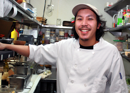 Chef Tim Luym in his shoebox-sized kitchen at Poleng Lounge.