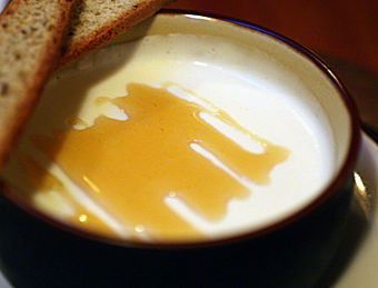 Yogurt panna cotta drizzled with honey flavored with pungent truffl