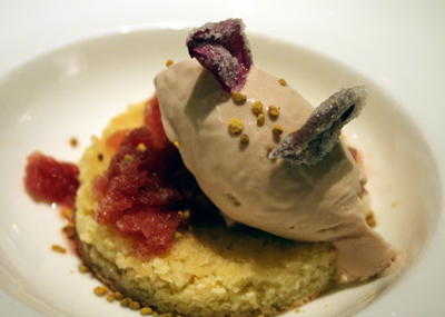 Almond cake with candied rose petals.