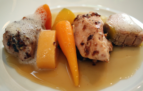 Foie gras (far right) with poularde, carrots and rutabaga.