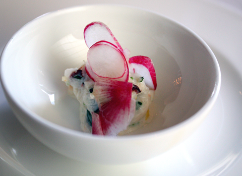 A lovely amuse of crab and radish.