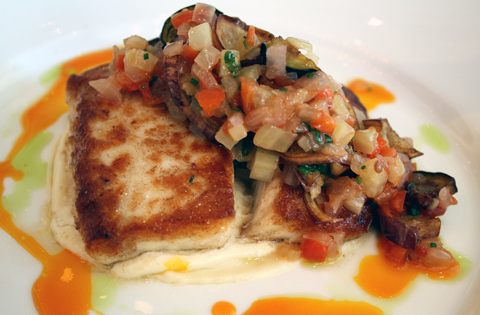 Beautifully cooked halibut with caponata.