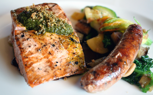 King salmon with a salmon sausage at Madera. King salmon with a salmon sausage at Madera.