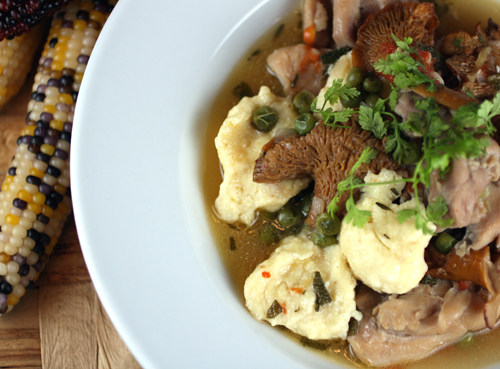 Dig into a big bowl of heavenly chicken and dumplings with chanterelles.
