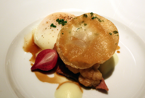 Soft-cooked egg, sweetbread, tongue, and crispy potato.