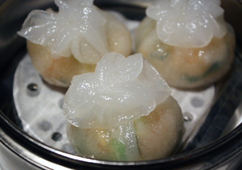 Dumplings filled with shrimp and bok choy.
