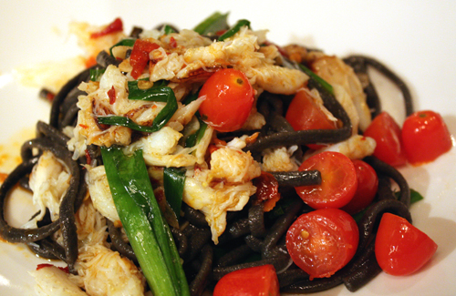 Squid ink spaghetti with Dungeness crab.