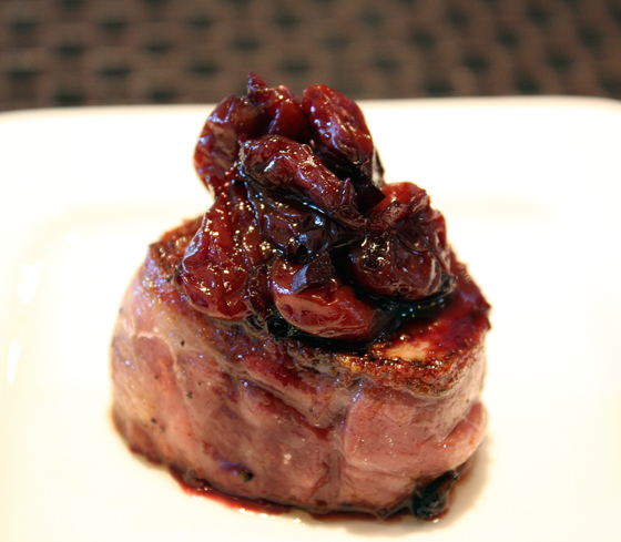 Kurobuta pork topped with sour cherry chutney.