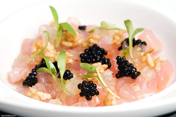 Marinated striped bass with compressed green strawberries, California caviar and brown rice from Chef Louis Maldonado of Aziza. (Photo courtesy of StarChefs.com)