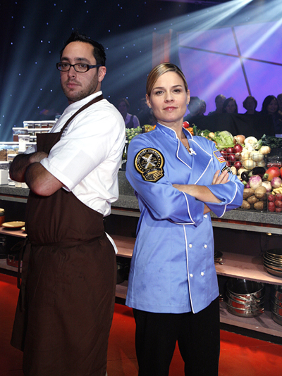 Two California chefs duke it out in Kitchen Arena in Kostow vs. Cora. (Photo courtesy of the Food Network)