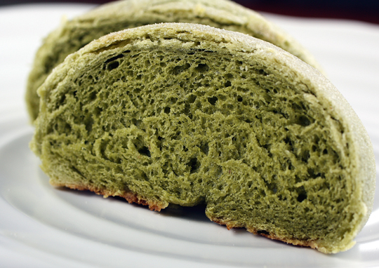 A roll made with the Japanese ceremonial green tea, matcha.