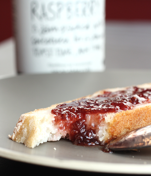 Raspberry jam made in small batches in the United Kingdom.