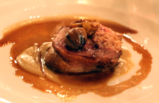 Juicy duck with chestnuts and Jerusalem artichoke puree.