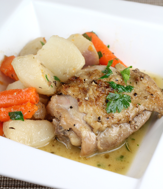 Tender chicken cooked with apple cider to soothe your heart and tummy on a blustery, wet day.