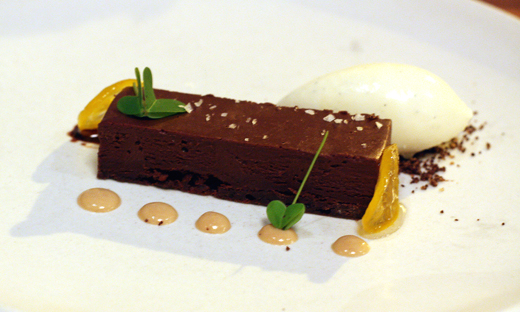 Chocolate atop a "compressed brownie'' with pine needle ice cream.