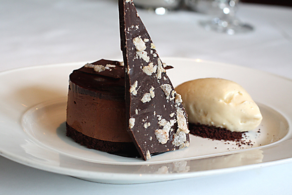 Cerdan's chocolate honey mousse cake with ginger ice cream and ginger chocolate bark.