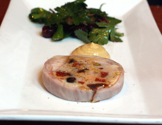 Rabbit terrine with the surprise of blood sausage and chorizo.