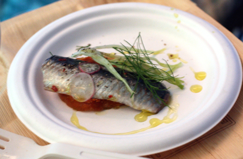 Chris Cosentino's marinated sardine with spreadable, spicy salumi.