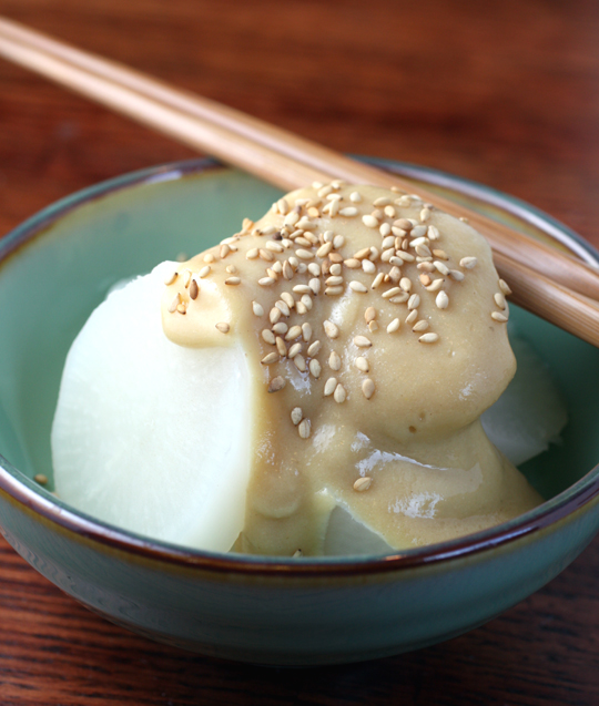Japanese radish in a thick, creamy sesame-mustard sauce.