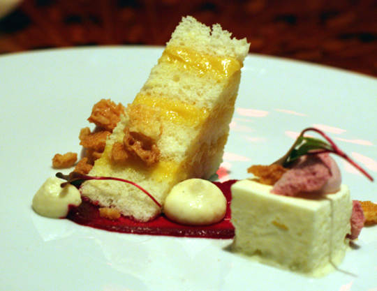 Airy passionfruit cake with lemon semifreddo and beet sauce.