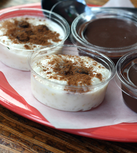 Rice pudding with cinnamon, orange zest and coconut.
