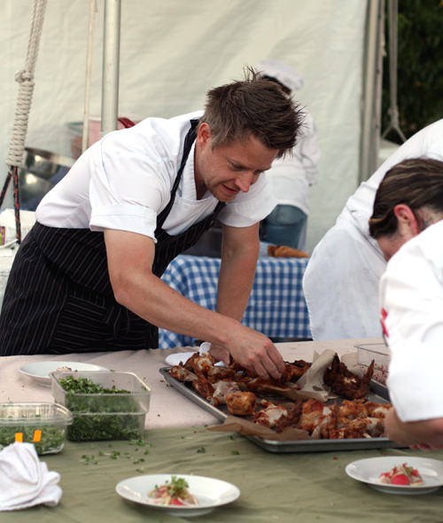 Chef Richard Blais tears the skin off of fried chicken to serve it as a garnish with hamachi crudo.
