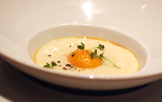 Charmoula with potato foam and steamed egg yolk.