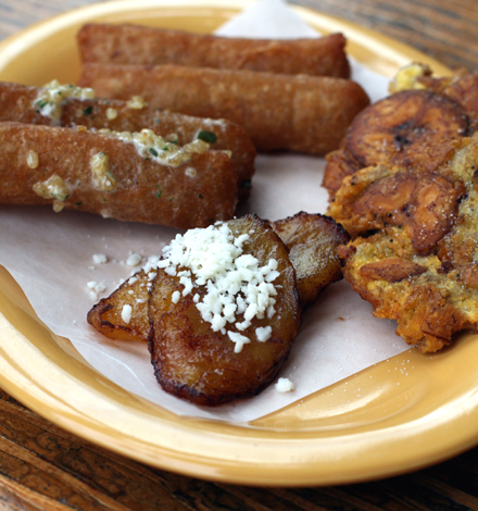 Yuca fries, sweet plaintains and tostones. It's all good.