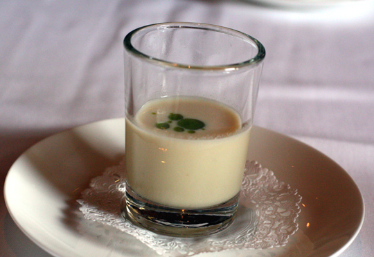 A tiny glass of corn chowder that packs a powerhouse of flavor. (Photo by Carolyn Jung)