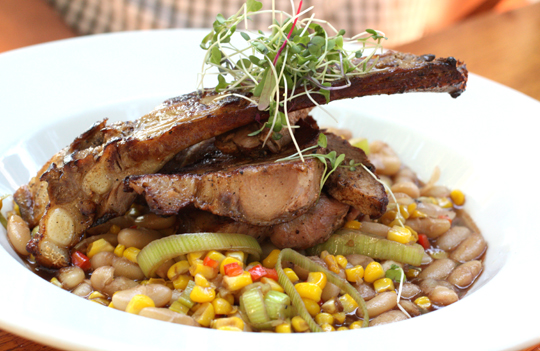 Roast pork with corn and cannellini beans.