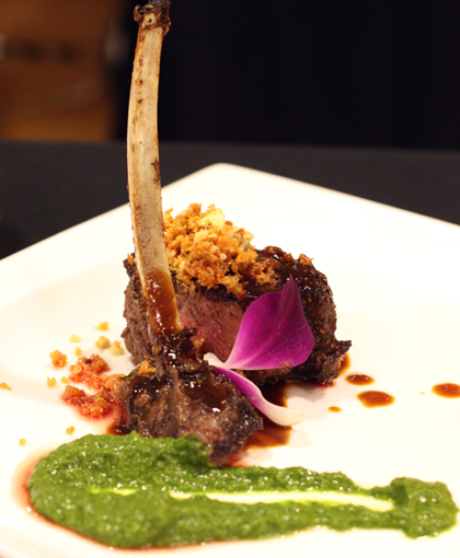 Zare's cocoa-anchovy dusted lamb with salsa verde and kabocha mash.