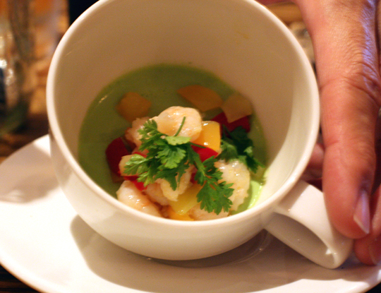 Shrimp with a Green-Goddess-like basil panna cotta.