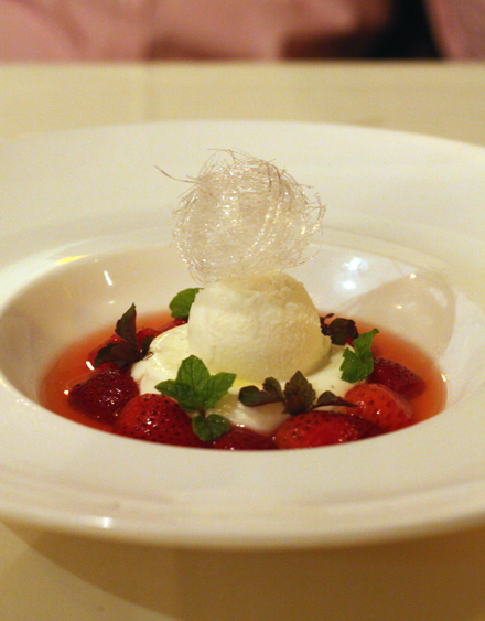 Goat cheese panna cotta with local strawberries.