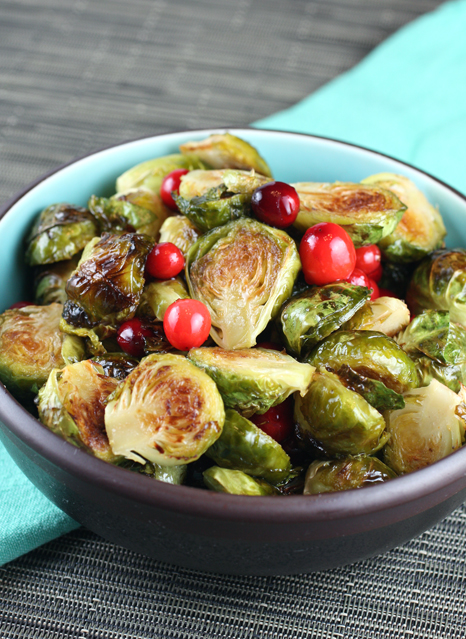 Pretty in deep red -- cranberries with Brussels sprouts.