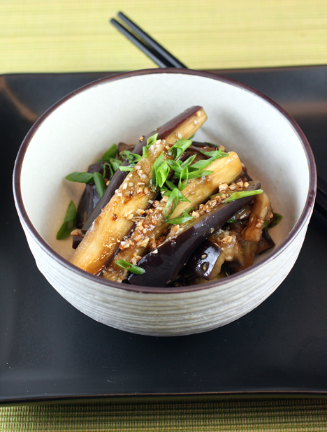 Tender eggplant spears tossed with an easy chili-garlic-ginger-soy sauce.