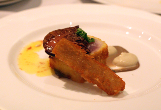 A winning combo of albacore and seared foie gras with cardoon puree.