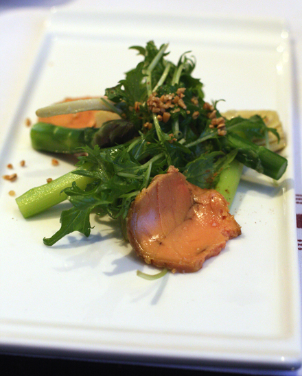 Foie gras torchon with spring veggies.
