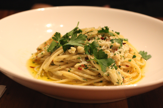 Pasta tossed with crab, parsley, garlic and chili flakes.