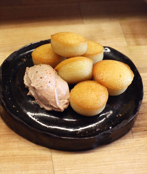 Duck liver mousse to spread on cake-like almond biscuits.